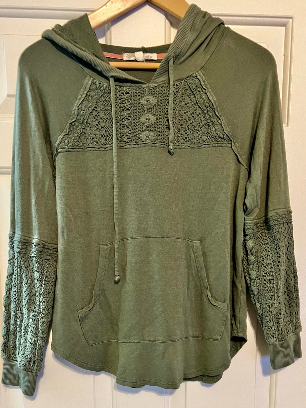 Rewind Olive Green Boho Crochet Lace Detail Knit Pullover Hoodie - Size M